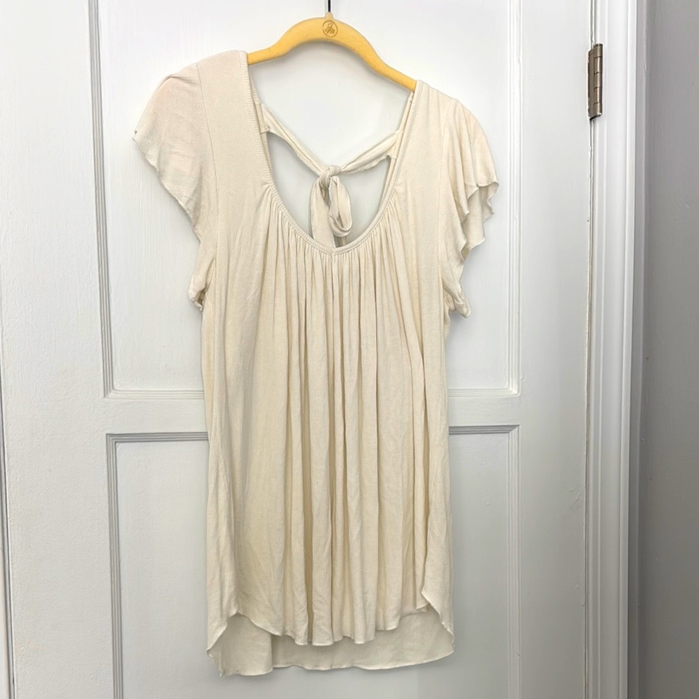 Grace & Lace Cream Flutter Sleeve Blouse with Tie back